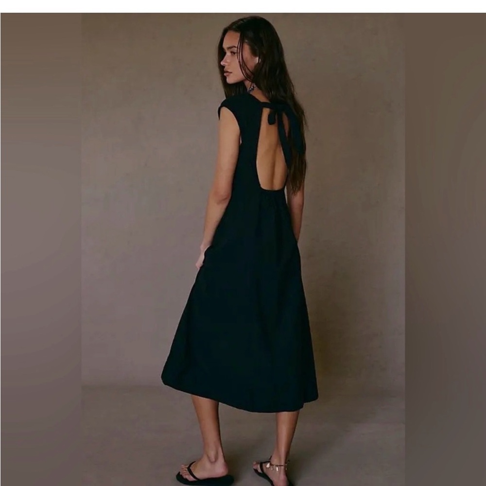 Free People Cartagena Cotton-Linen Maxi Midi Dress Black XS Open Back Tie